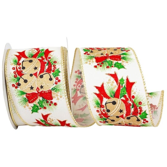 JAM Paper 2.5" x 10yd. Ivory & Gold Christmas Bells & Holly Glitter Wired Edge Ribbon